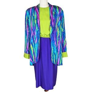 Vintage Size 12 Caron 2 piece Dress and Open Front Jacket Green Purple Pink Blue